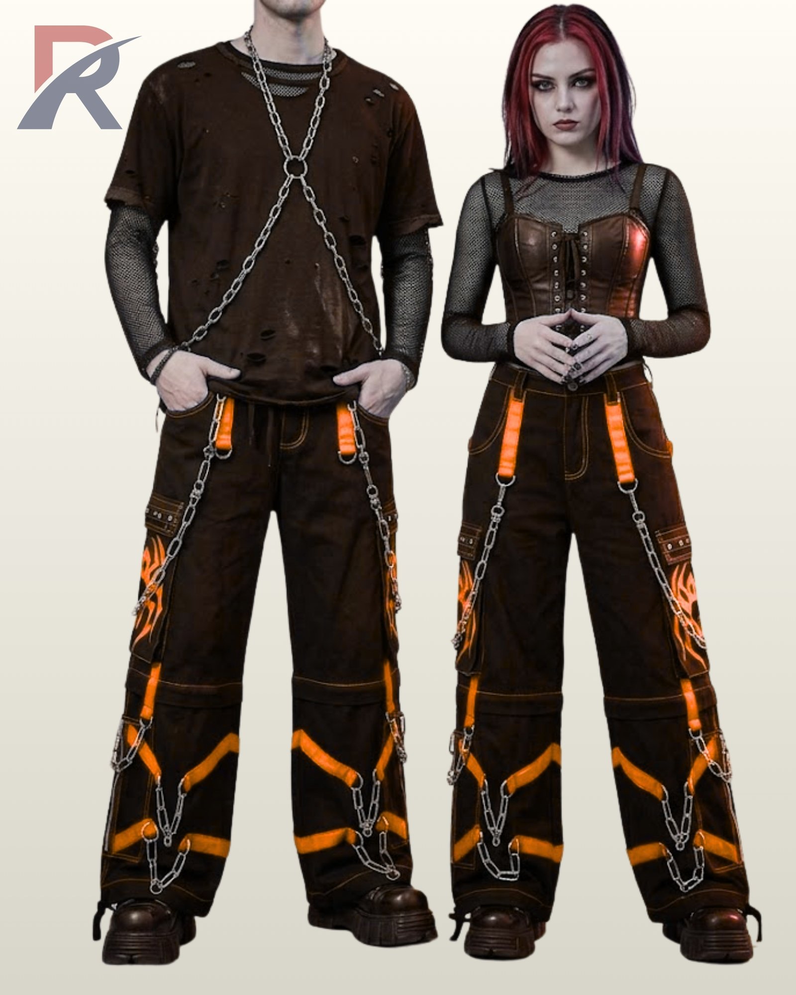 Cyberpunk baggy black bondage trousers featuring orange strap overlays and metal D-ring details.