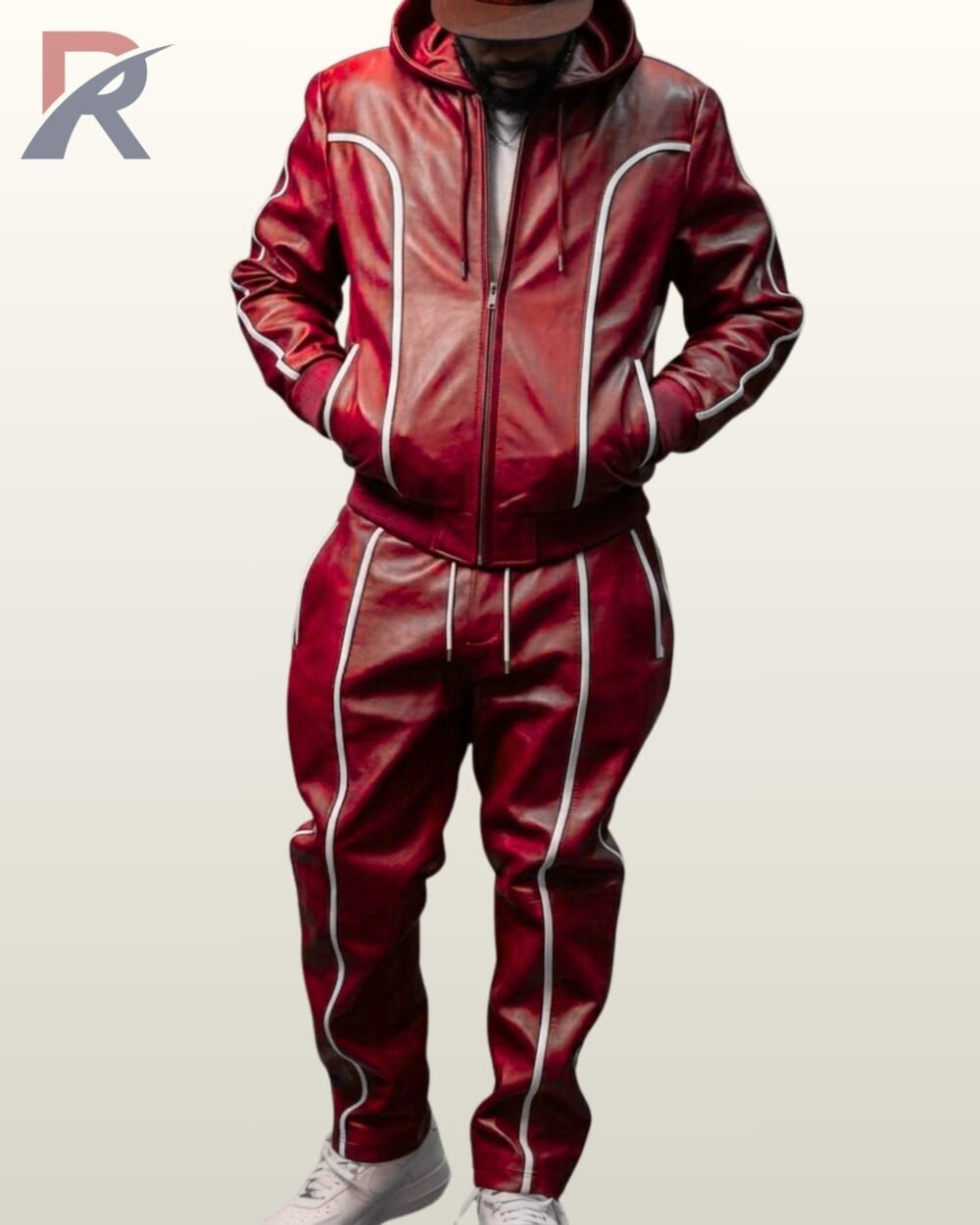 Bold crimson red leather 2-piece tracksuit set featuring a hooded jacket and white piped pants.
