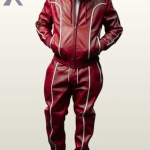 Bold crimson red leather 2-piece tracksuit set featuring a hooded jacket and white piped pants.