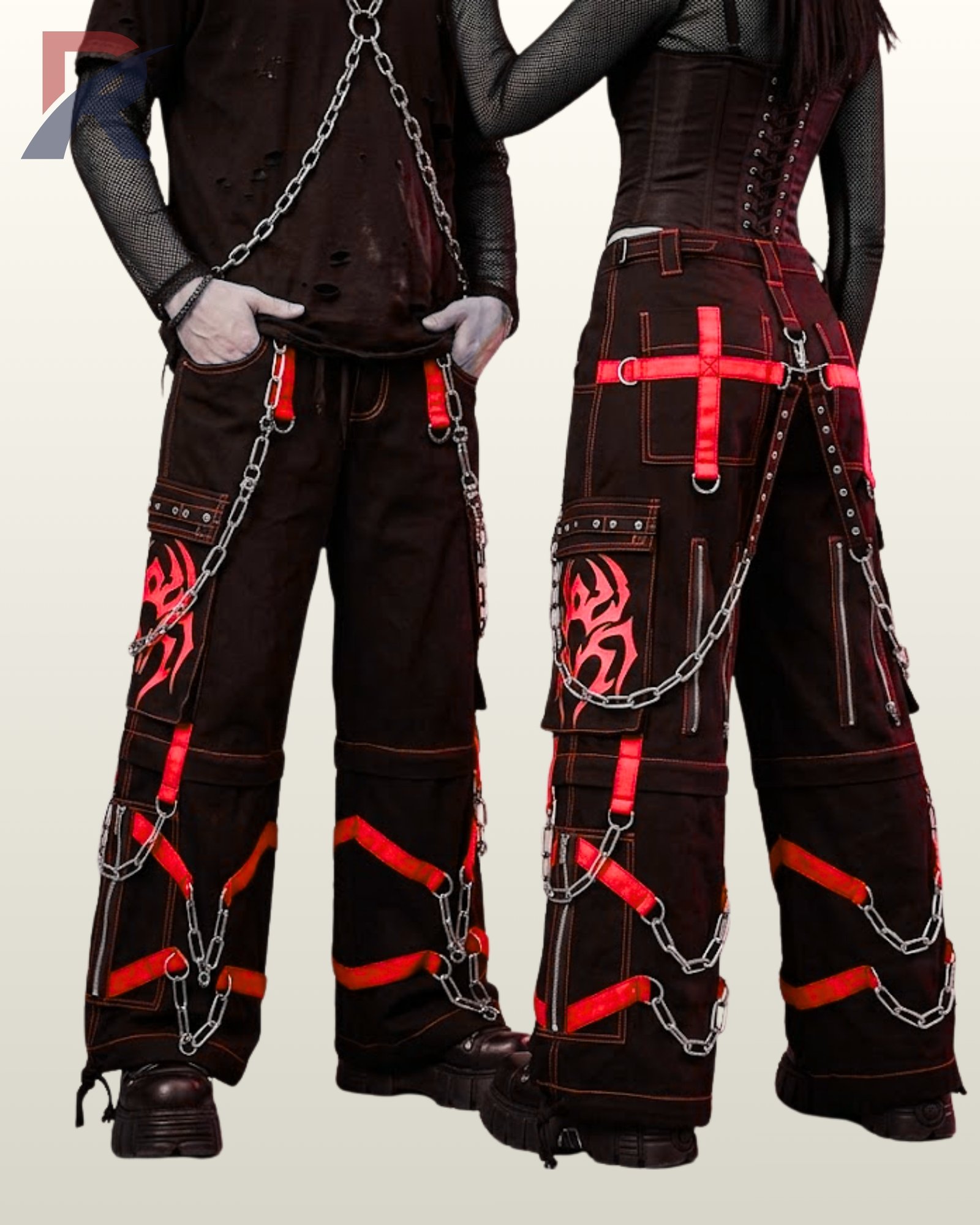 Baggy black gothic cargo trousers featuring bold crimson red tribal graphics and metal chains.