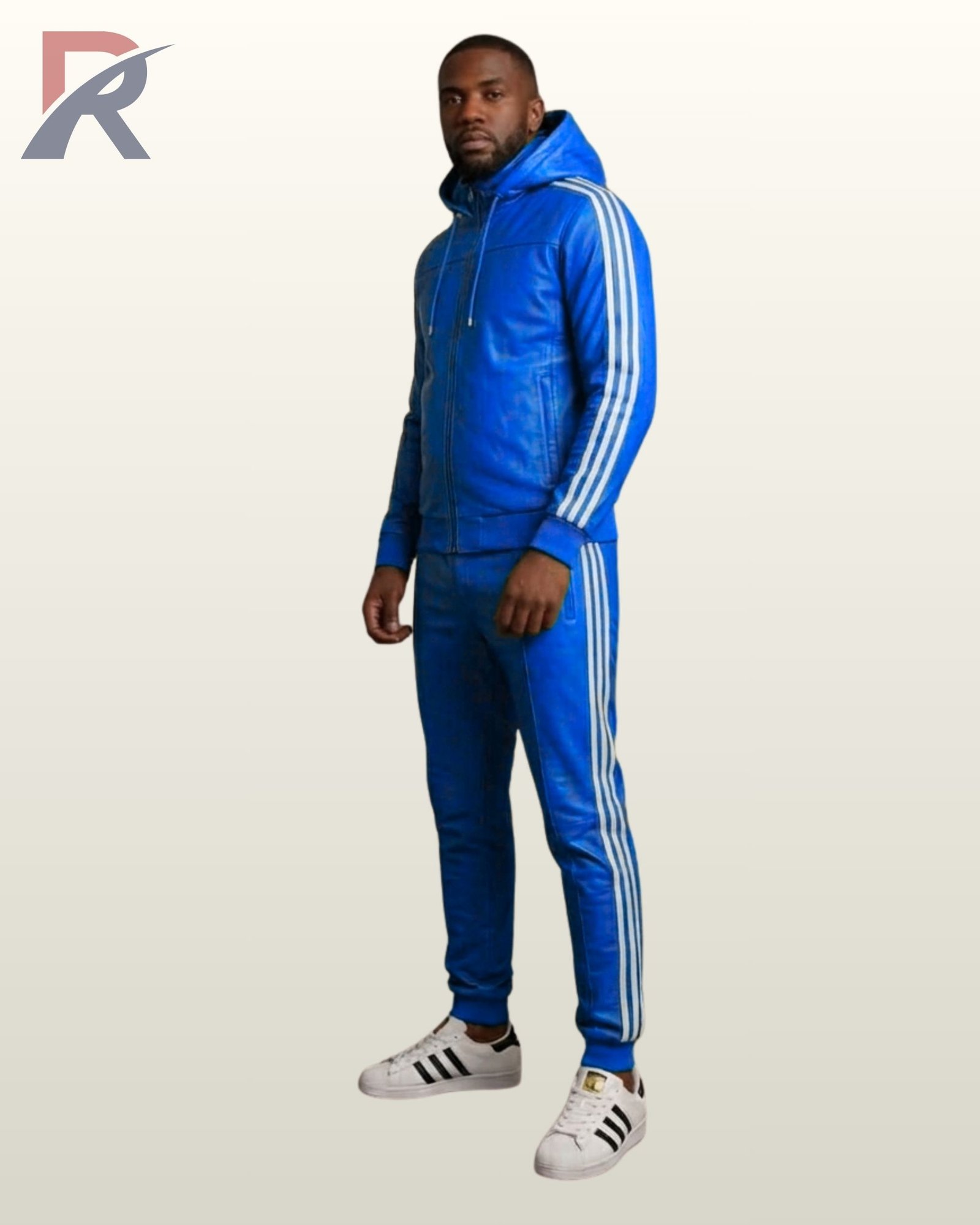 A full-body shot of a luxury blue leather hooded track suit for men.