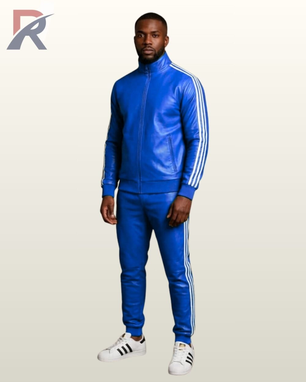 A premium blue leather matching tracksuit set showcasing a clean minimalist aesthetic.