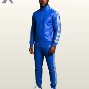 A premium blue leather matching tracksuit set showcasing a clean minimalist aesthetic.