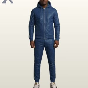 A premium navy blue leather designer track set featuring white activewear stripes.