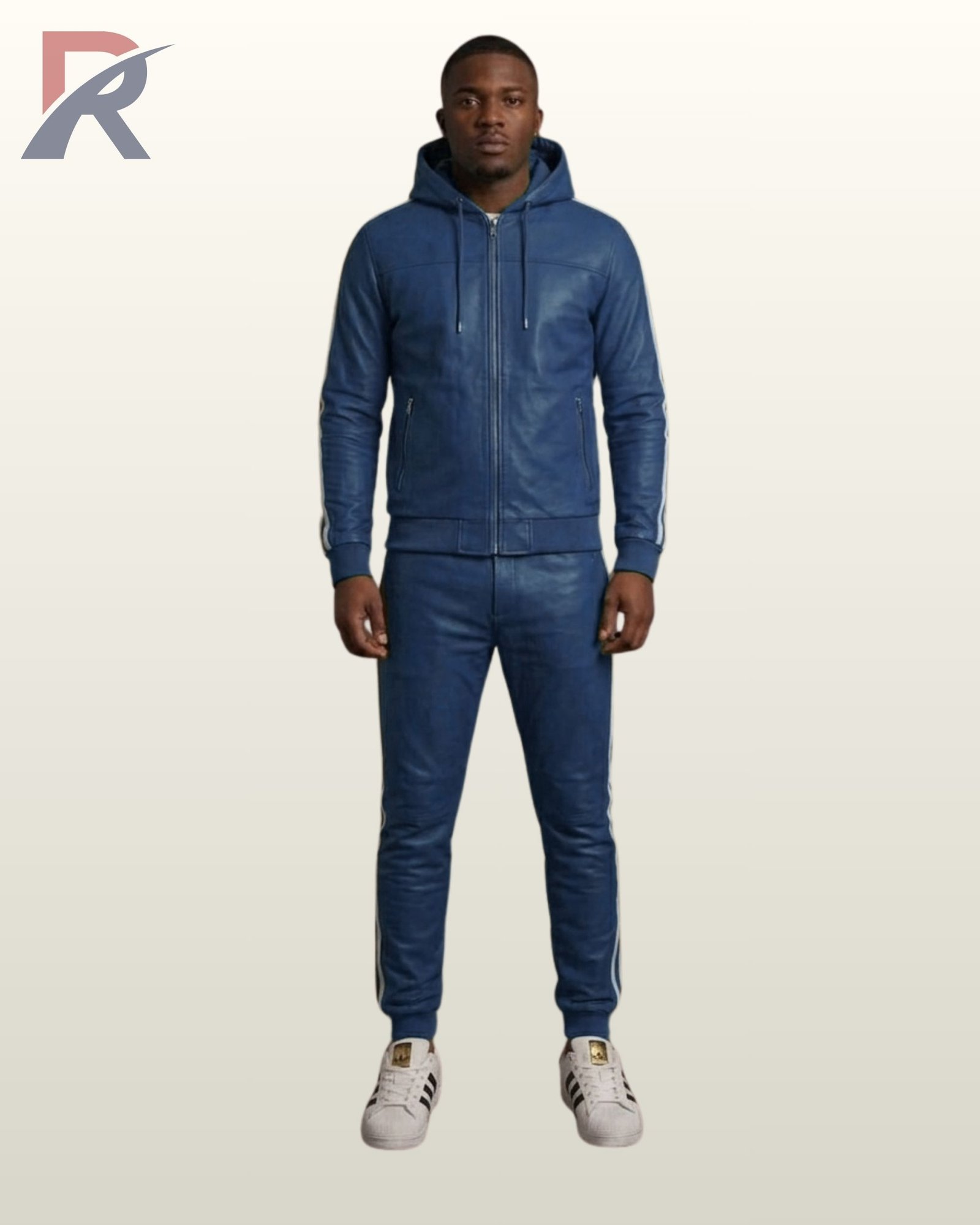 A premium navy blue leather designer track set featuring white activewear stripes.