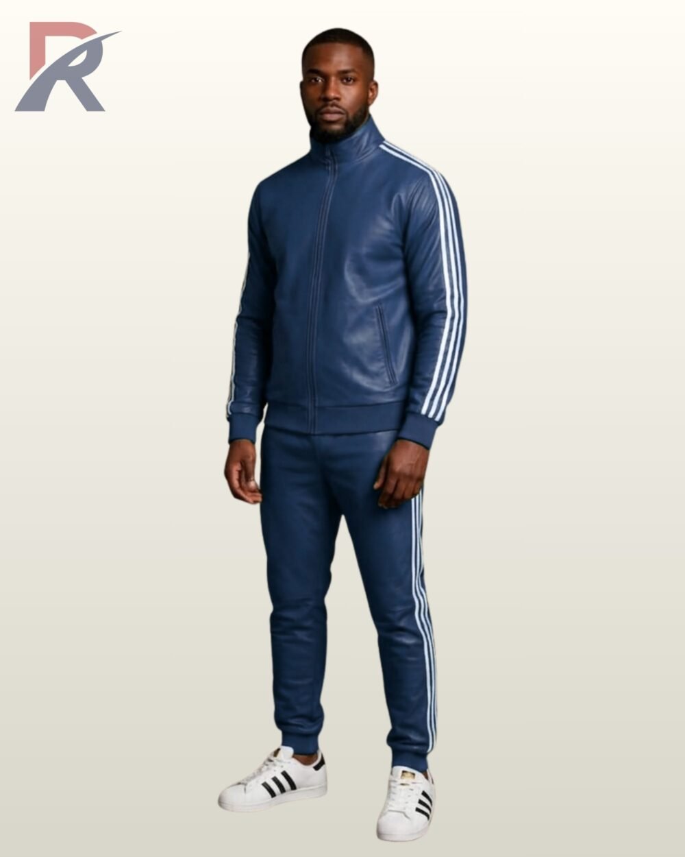 A premium navy slate blue leather athletic suit featuring minimal striped accents.