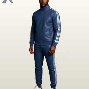 A premium navy slate blue leather athletic suit featuring minimal striped accents.