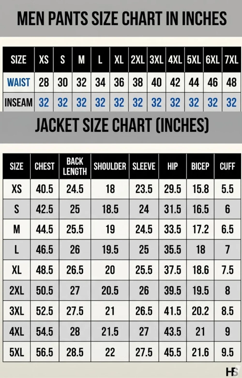 Detailed men's jacket size chart in inches detailing chest, back length, shoulder, sleeve, hip, bicep, and cuff measurements from XS to 5XL.