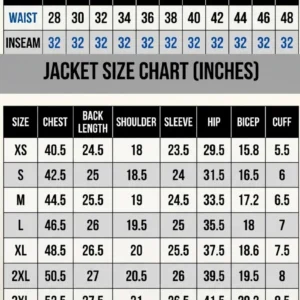 Detailed men's jacket size chart in inches detailing chest, back length, shoulder, sleeve, hip, bicep, and cuff measurements from XS to 5XL.