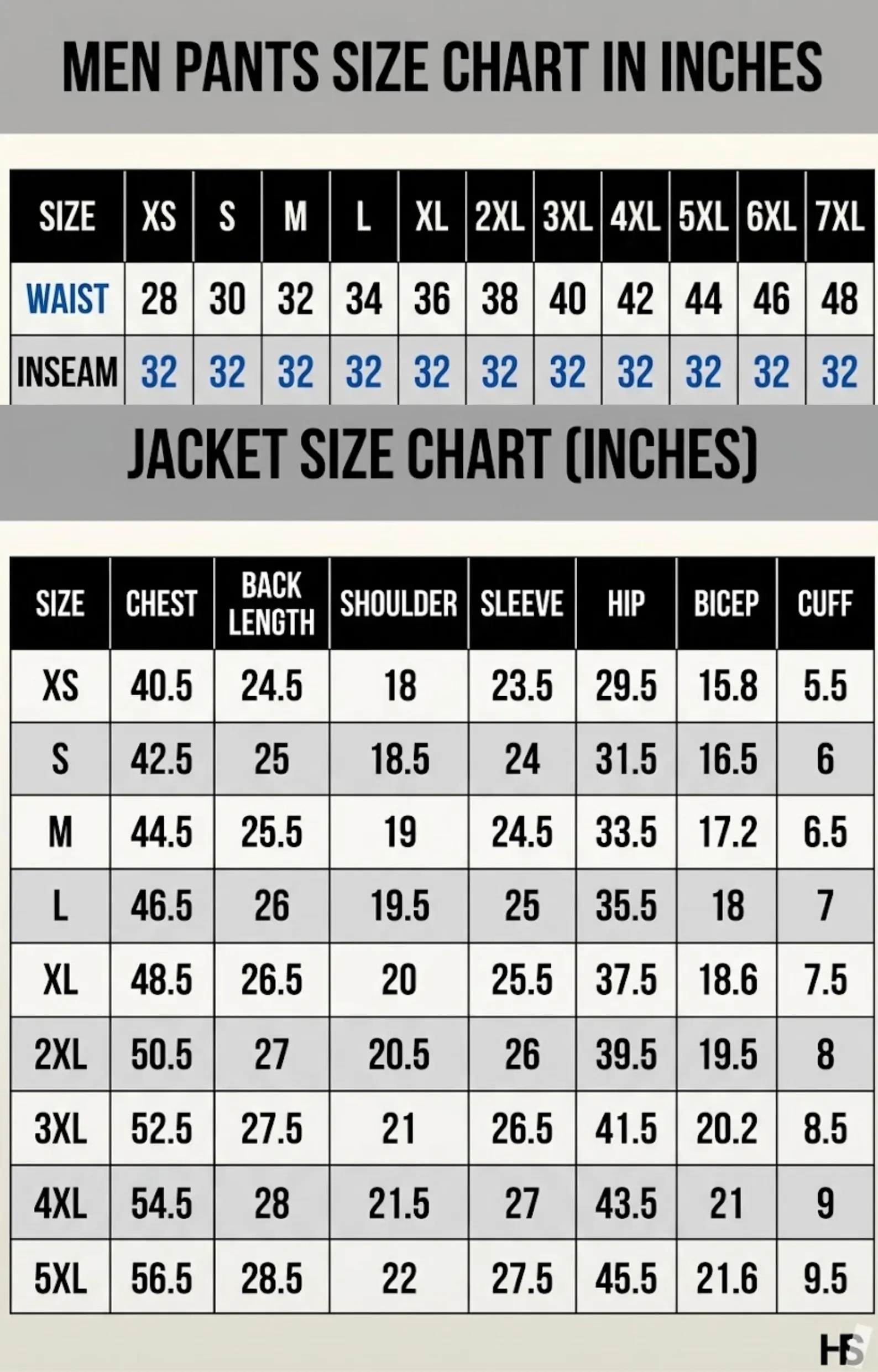 Detailed men's jacket size chart in inches detailing chest, back length, shoulder, sleeve, hip, bicep, and cuff measurements from XS to 5XL.