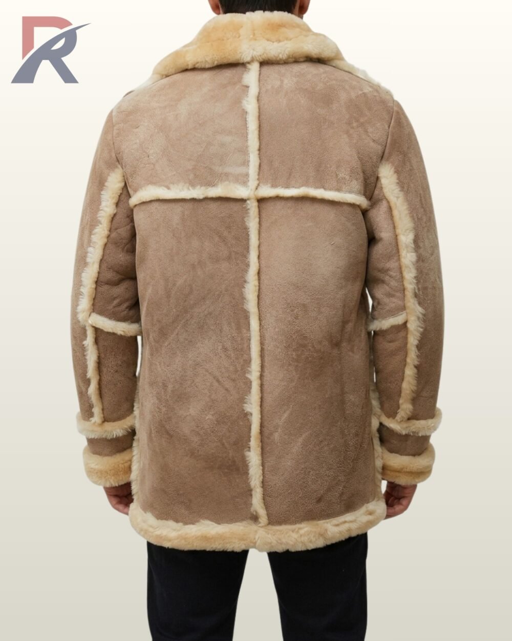A premium light brown winter lambskin jacket for men with oversized cream fleece collar and cuffs.