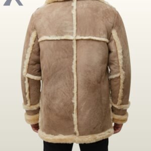 A premium light brown winter lambskin jacket for men with oversized cream fleece collar and cuffs.