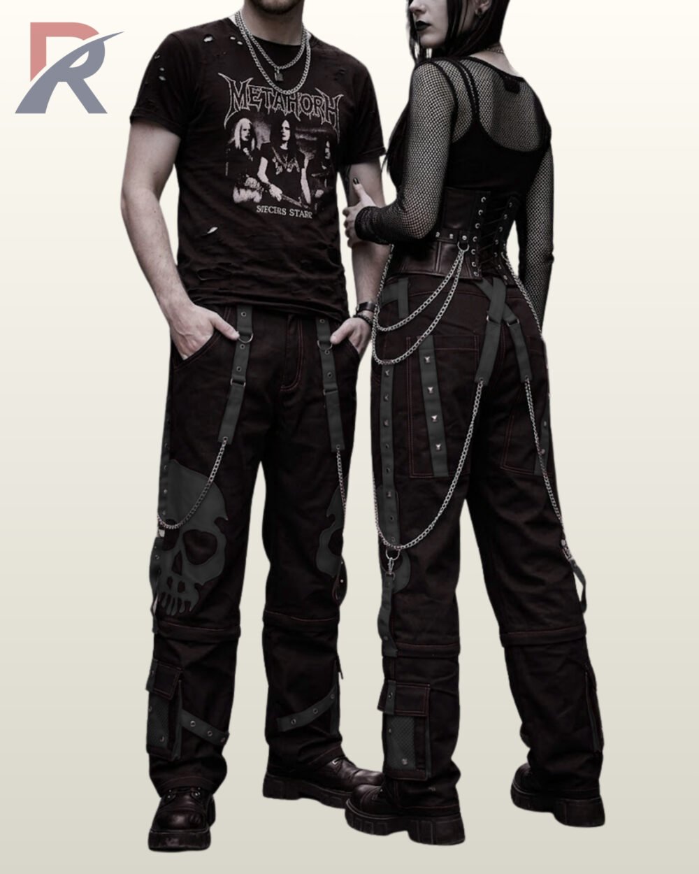 Front and back view of unisex cyber goth pants styled with dark charcoal webbing and metal rings.