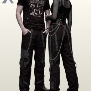 Front and back view of unisex cyber goth pants styled with dark charcoal webbing and metal rings.