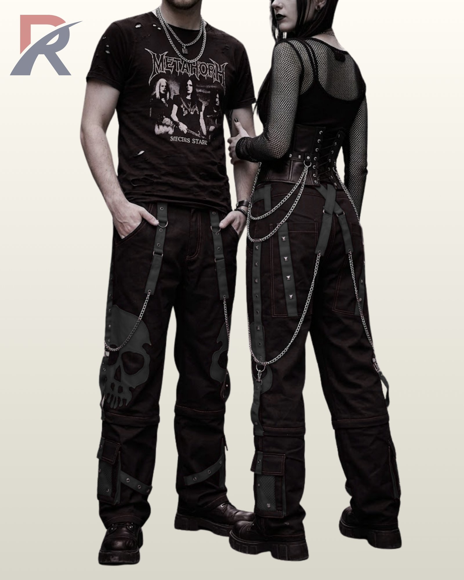 Front and back view of unisex cyber goth pants styled with dark charcoal webbing and metal rings.