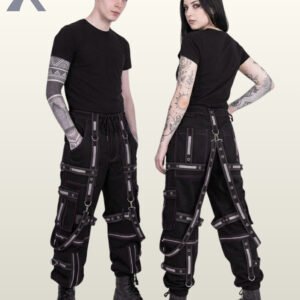 Couple wearing black gothic cargo trousers featuring reflective silver straps, metal eyelets, and detachable suspender harnesses.