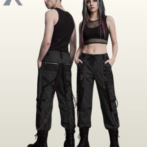 Couple modeling dark charcoal grey gothic cargo trousers styled with black straps, mesh pockets, and metal chain details.