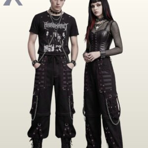 Man and woman modeling dark monochrome techwear pants featuring grey mesh trim, metal D-rings, and eyelet straps.