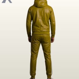 A premium olive green leather matching streetwear set with clean white trim accents.