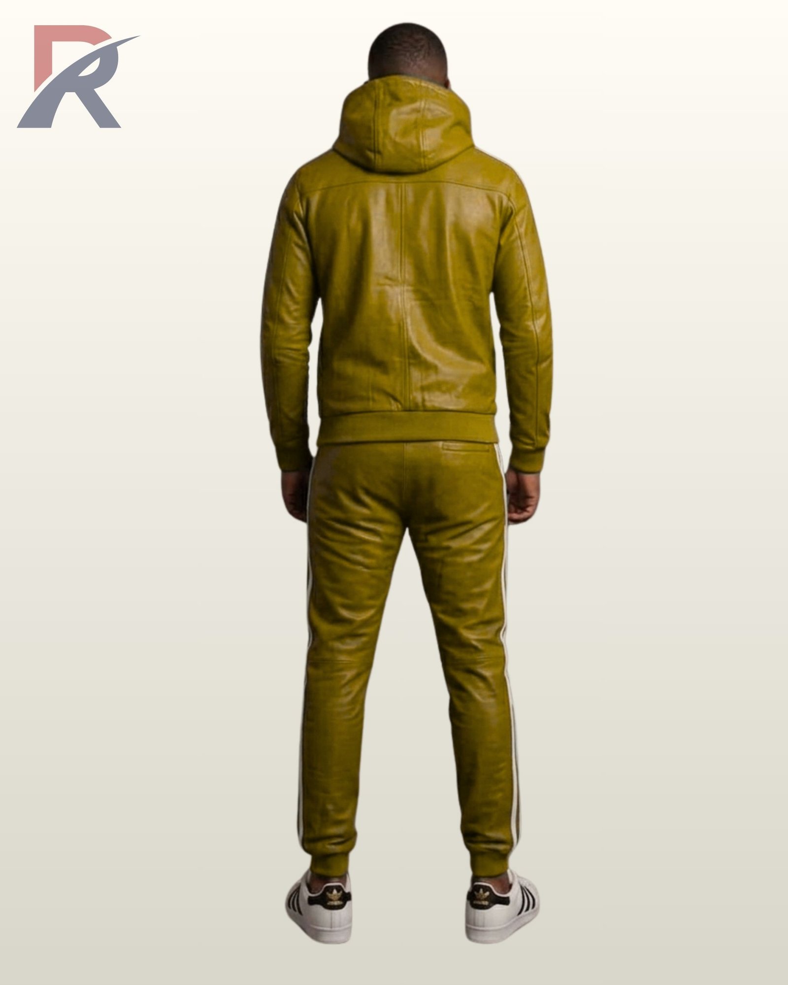A premium olive green leather matching streetwear set with clean white trim accents.
