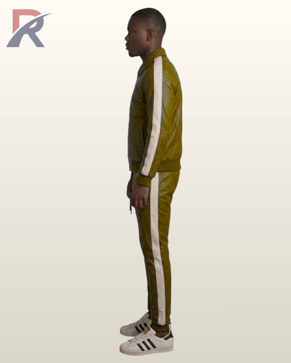 A model showcasing a mustard green leather button-front jacket and pants.