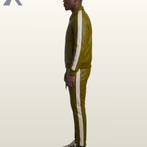 A model showcasing a mustard green leather button-front jacket and pants.