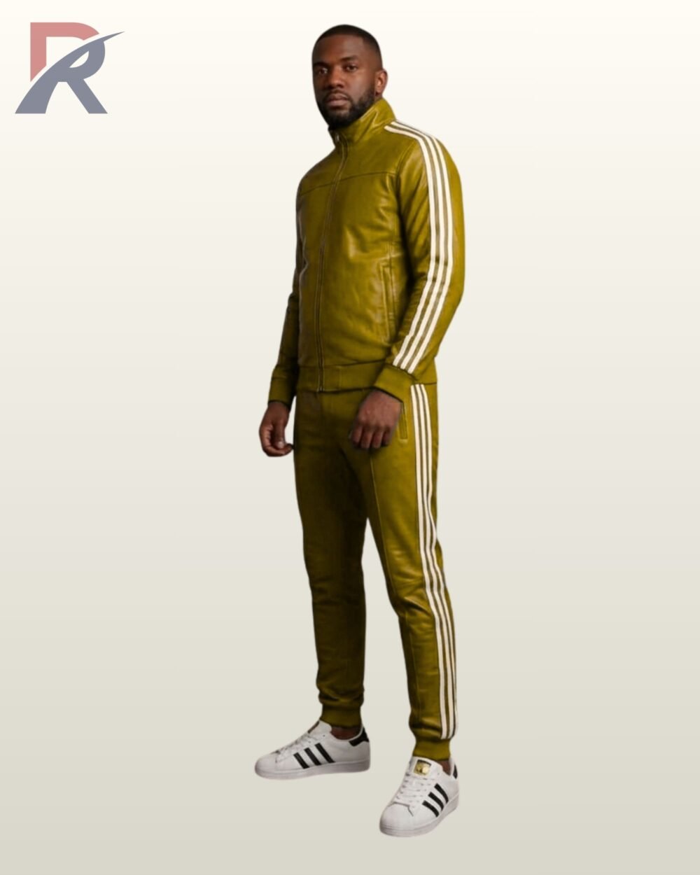 A mustard green leather high-neck track jacket with matching slim-fit leather joggers.