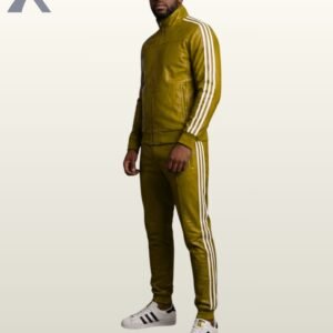 A mustard green leather high-neck track jacket with matching slim-fit leather joggers.