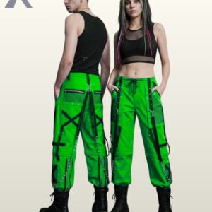 Couple wearing bright neon green gothic cargo pants with black mesh details, crisscross straps, and metal chain hardware.