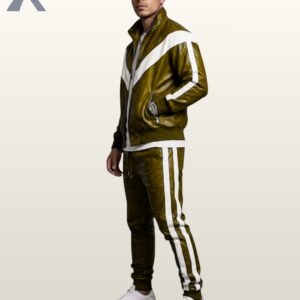 Men's olive green leather jogging suit with accent white stripes on the jacket sleeves and pant legs.