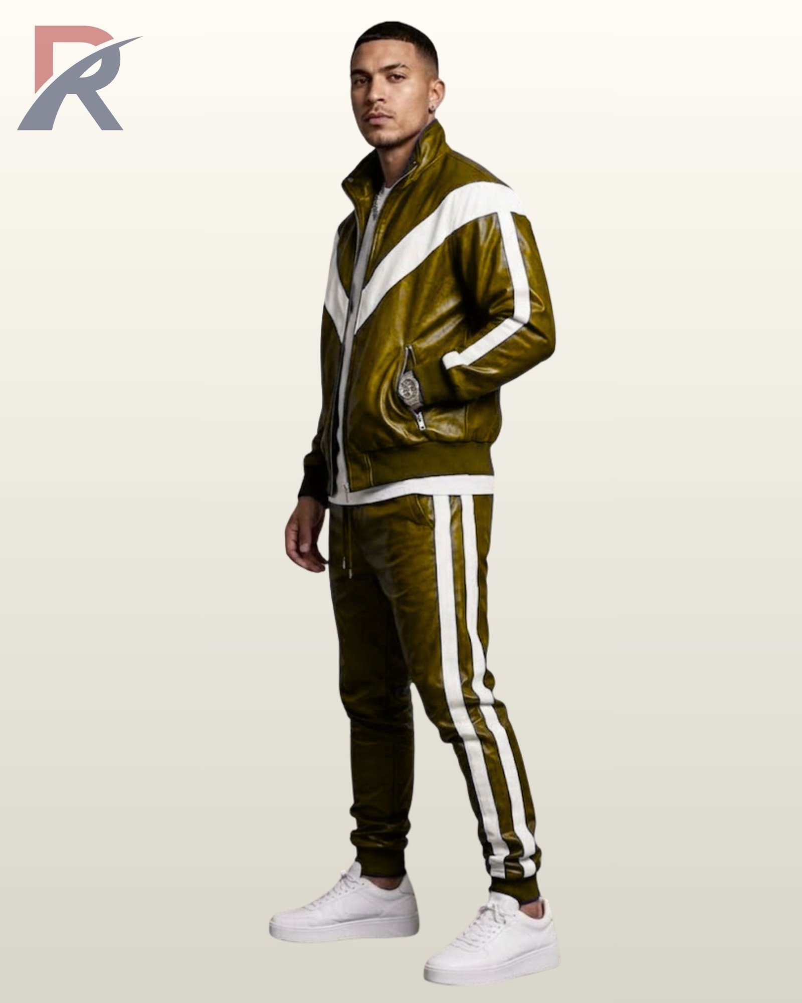 Men's olive green leather jogging suit with accent white stripes on the jacket sleeves and pant legs.