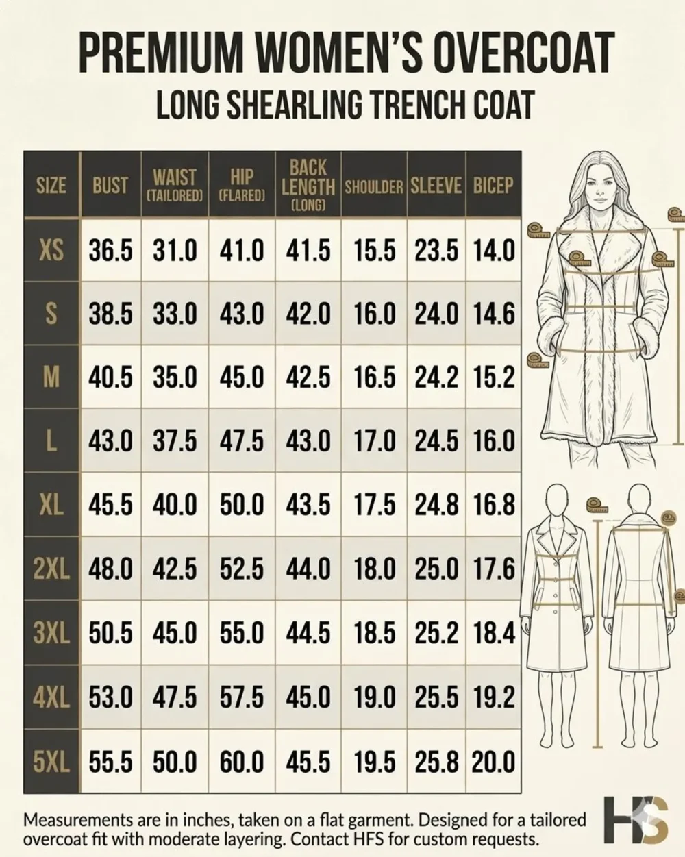 A comprehensive universal jacket size guide measurement table displayed in inches for an e-commerce clothing store website.