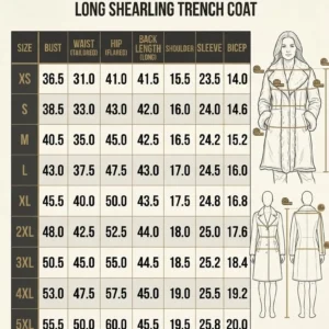 A comprehensive universal jacket size guide measurement table displayed in inches for an e-commerce clothing store website.