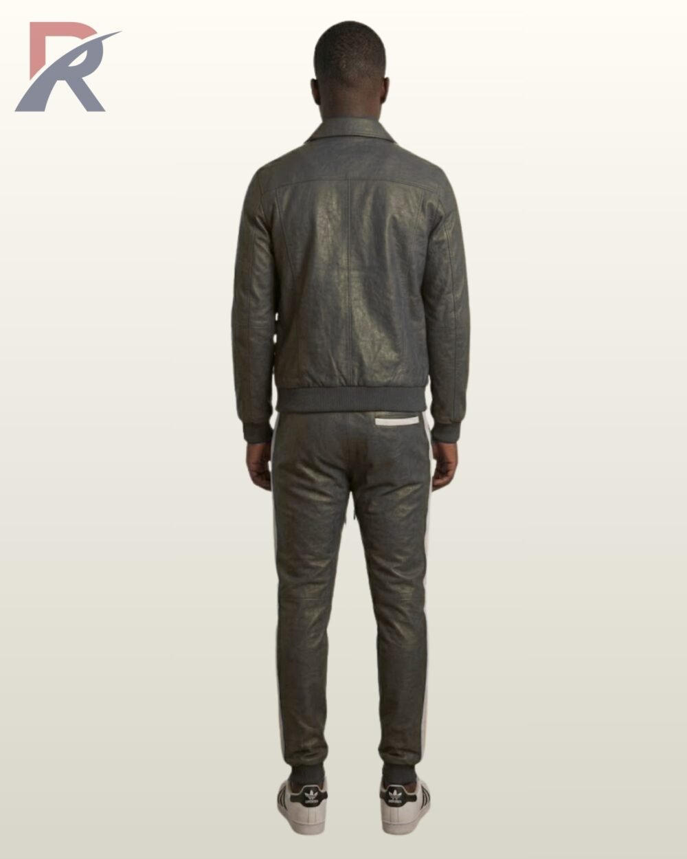 A full-body shot of a men's urban gray leather track outfit.