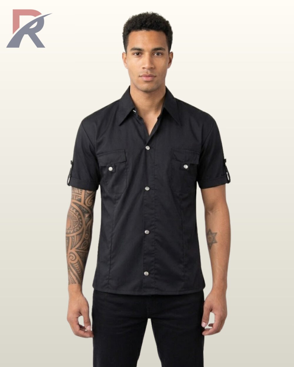 punk-rock-black-cargo-pocket-short-sleeve-shirt-model.jpg Full front model view of a men's black short sleeve gothic military shirt featuring dual chest flap pockets with silver snap buttons and cuffed sleeve tabs.