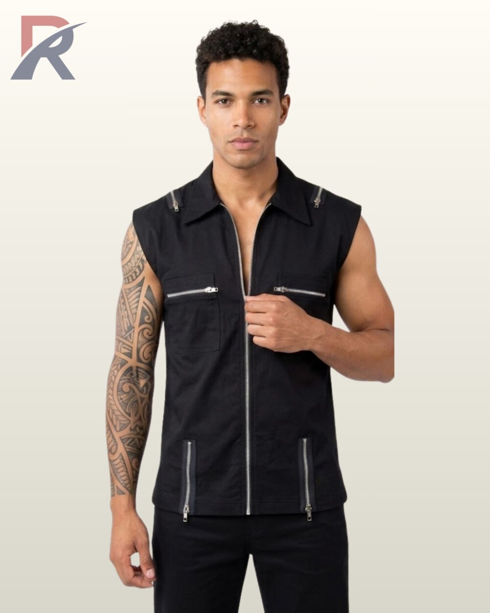 Full front model view of a men's black sleeveless gothic biker vest featuring a full zip front, metallic shoulder zippers, chest pockets, and waist zips.