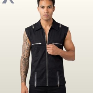 Full front model view of a men's black sleeveless gothic biker vest featuring a full zip front, metallic shoulder zippers, chest pockets, and waist zips.