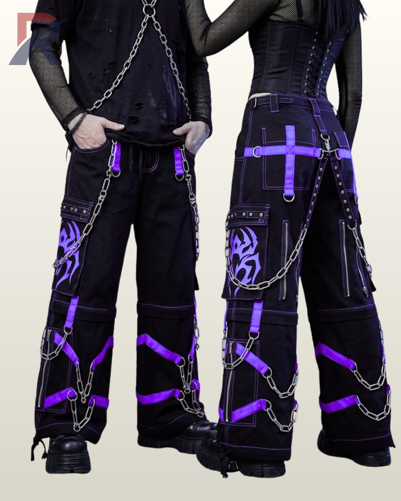 Gothic couple wearing wide-leg black pants styled with vivid purple graphics and hanging chain links.