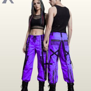 Couple in electric purple gothic cargo pants featuring black mesh panel pockets, eyelet straps, and silver metal chains.
