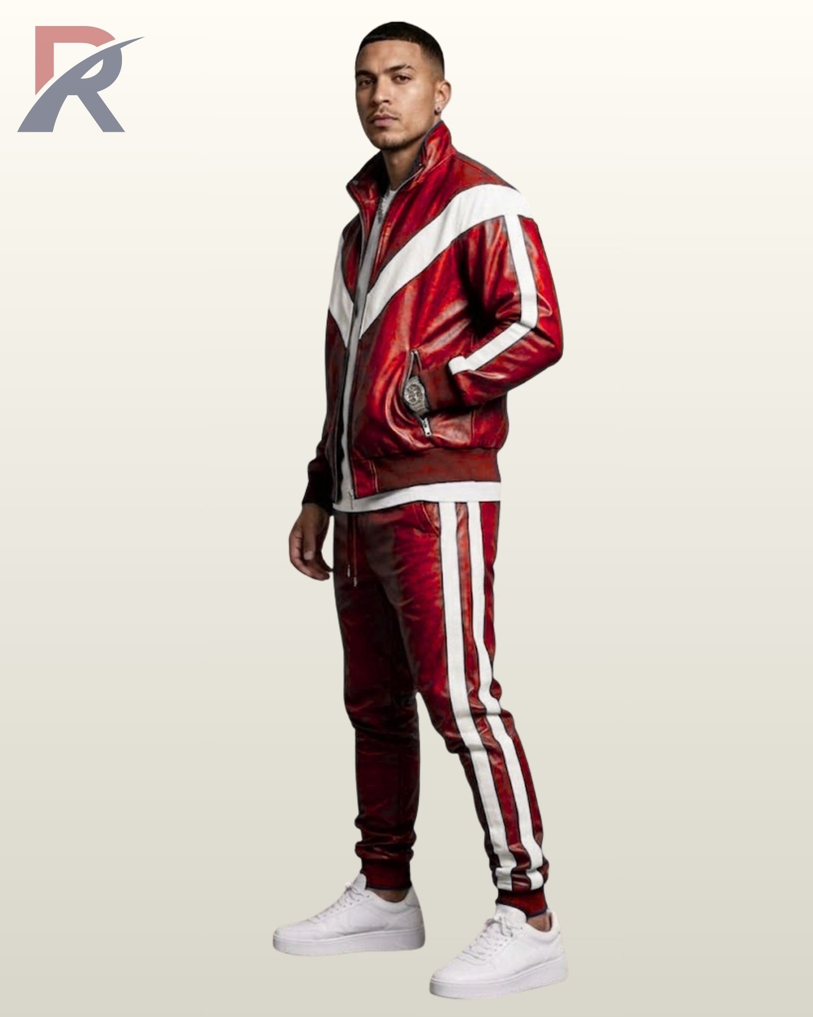 Bold crimson red leather 2-piece tracksuit set with white V-shaped jacket paneling and matching pants.