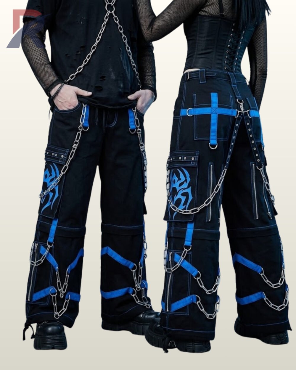Wide-leg black gothic cargo pants accented with vivid blue tribal prints and hanging metal chains.