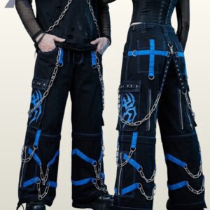 Wide-leg black gothic cargo pants accented with vivid blue tribal prints and hanging metal chains.