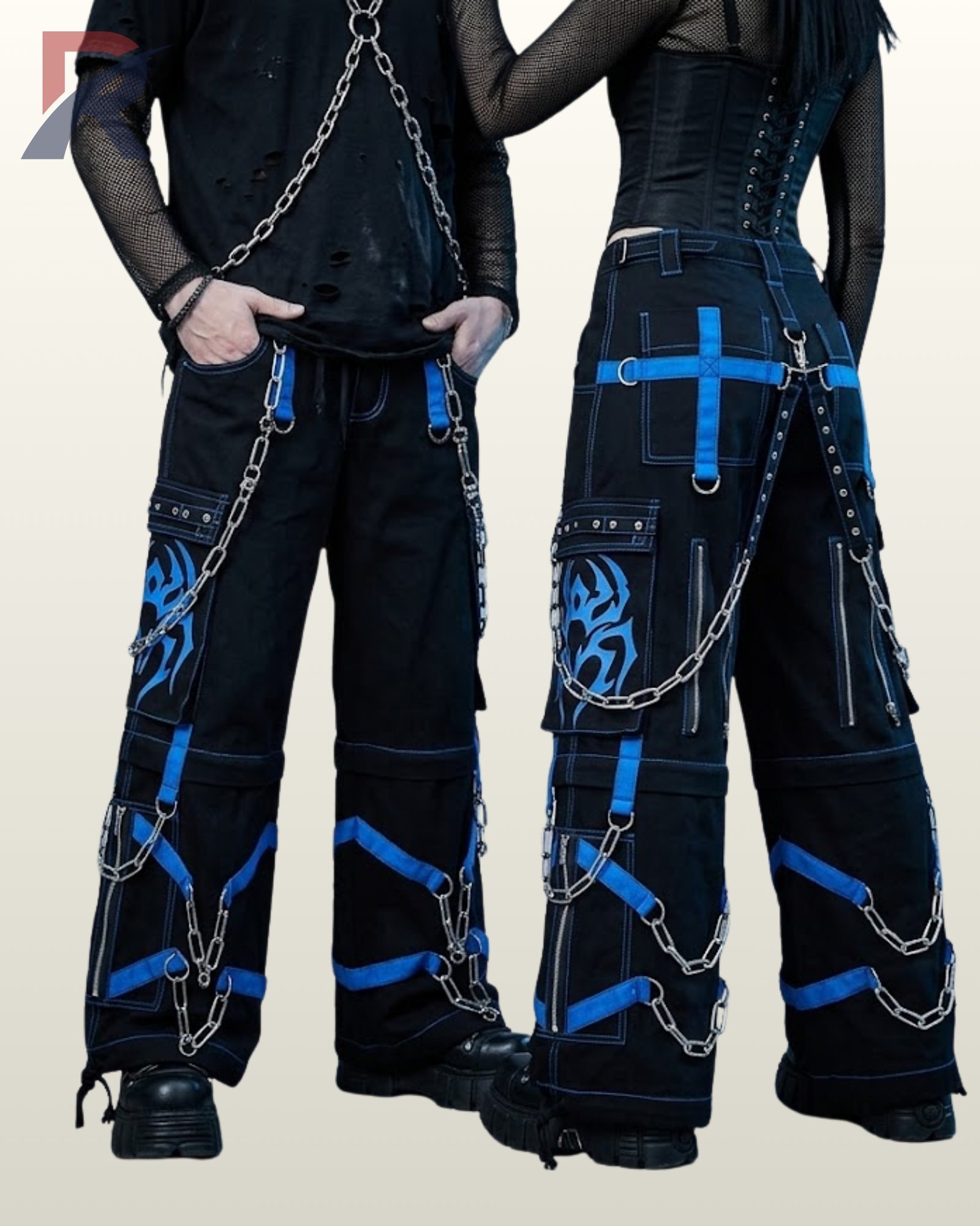 Wide-leg black gothic cargo pants accented with vivid blue tribal prints and hanging metal chains.