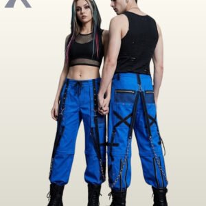 Man and woman holding hands in electric blue cyber goth trousers detailed with black straps, metal D-rings, and chains.