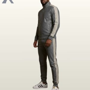 A full view of a slate gray leather mock collar jacket and matching athletic trousers.
