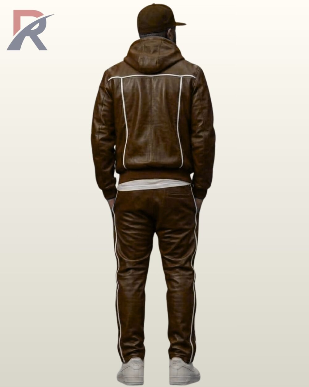 Chestnut brown leather two-piece athletic suit with hood and vertical white trim lines.