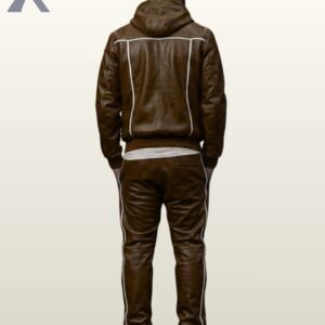 Chestnut brown leather two-piece athletic suit with hood and vertical white trim lines.