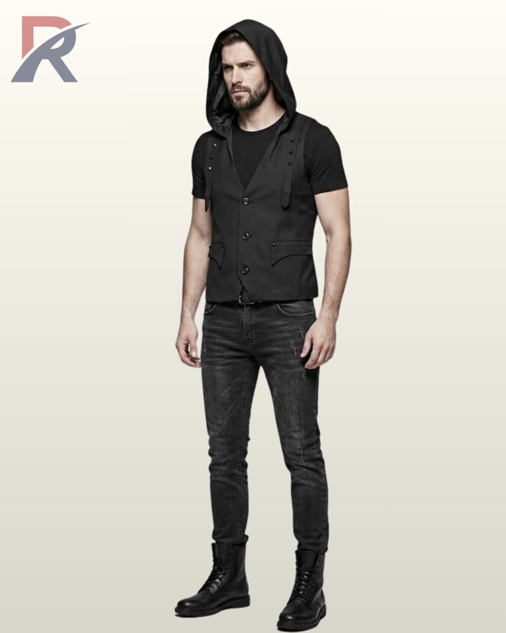 steampunk-black-hooded-waistcoat-hood-up-model.jpg Three-quarter model view of a men's black gothic waistcoat vest worn with the hood up, displaying shoulder strap rivet details and flap waist pockets.