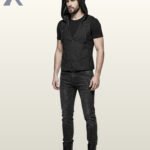 Three-quarter model view of a men's black gothic waistcoat vest worn with the hood up, displaying shoulder strap rivet details and flap waist pockets.