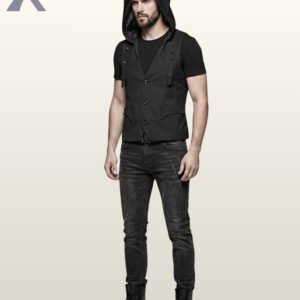 Three-quarter model view of a men's black gothic waistcoat vest worn with the hood up, displaying shoulder strap rivet details and flap waist pockets.